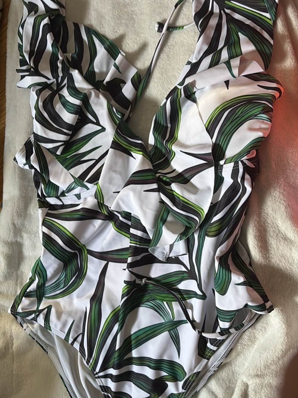 Womens Green Leaf Print Ruffle One-Piece Bodysuit
